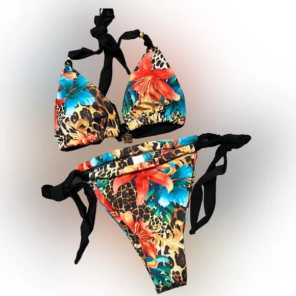 Tropical Floral Animal Print Halter Tie Sides Cheeky Bikini Set - Picture 2 of 12